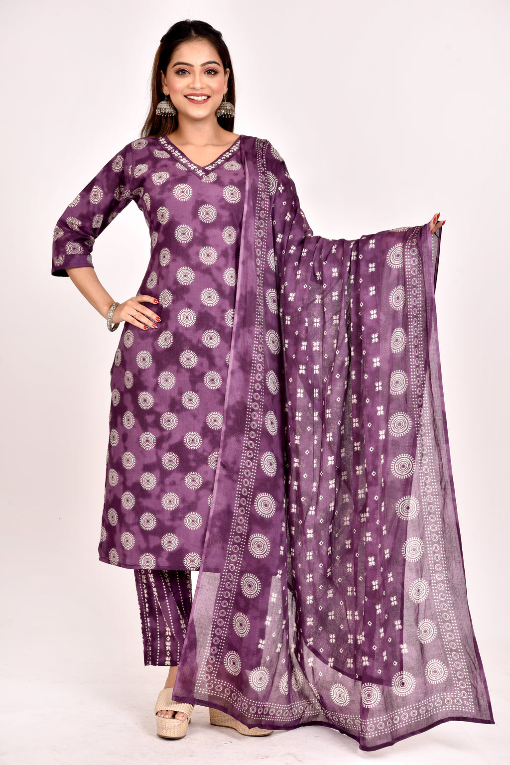 Purple Geometric Print Kurta With Pant & Dupatta