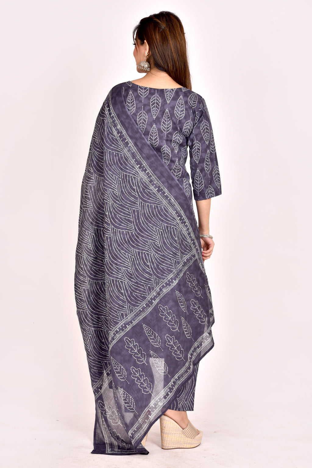 Charcoal Grey Leaf Print Kurta With Pant & Dupatta
