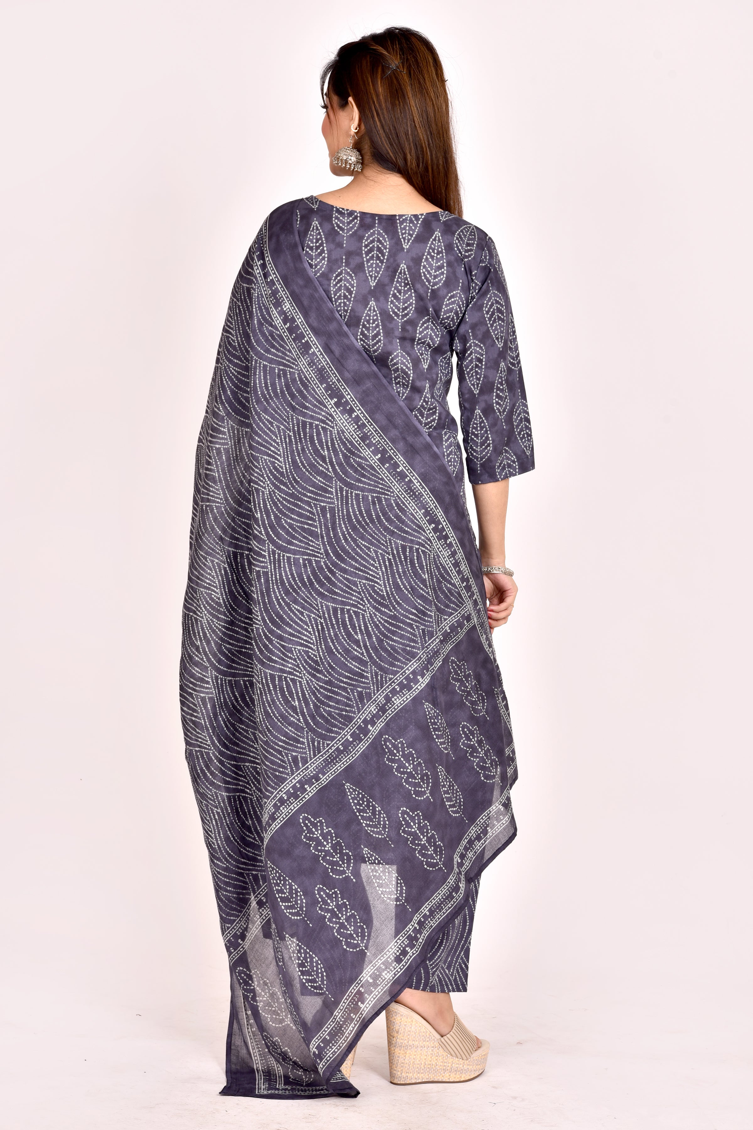 Charcoal Grey Leaf Print Kurta With Pant & Dupatta