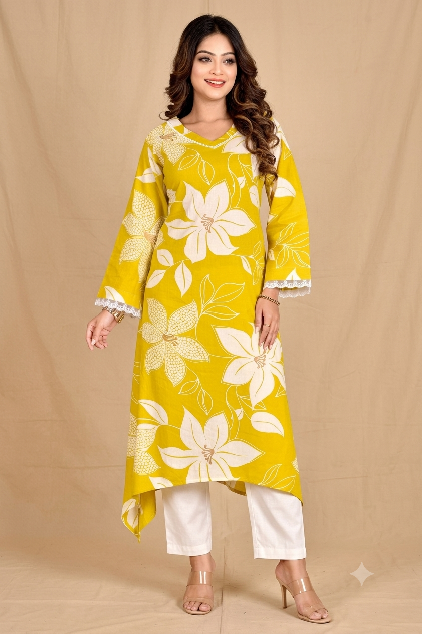 Yellow Floral Print A-Line Kurta