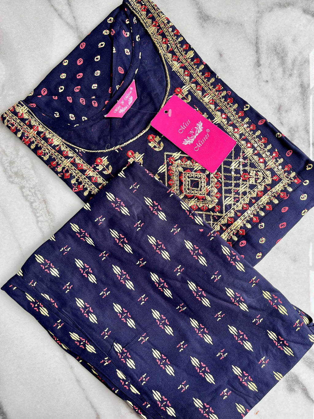 Navy Blue Embroidered Kurta With Pant