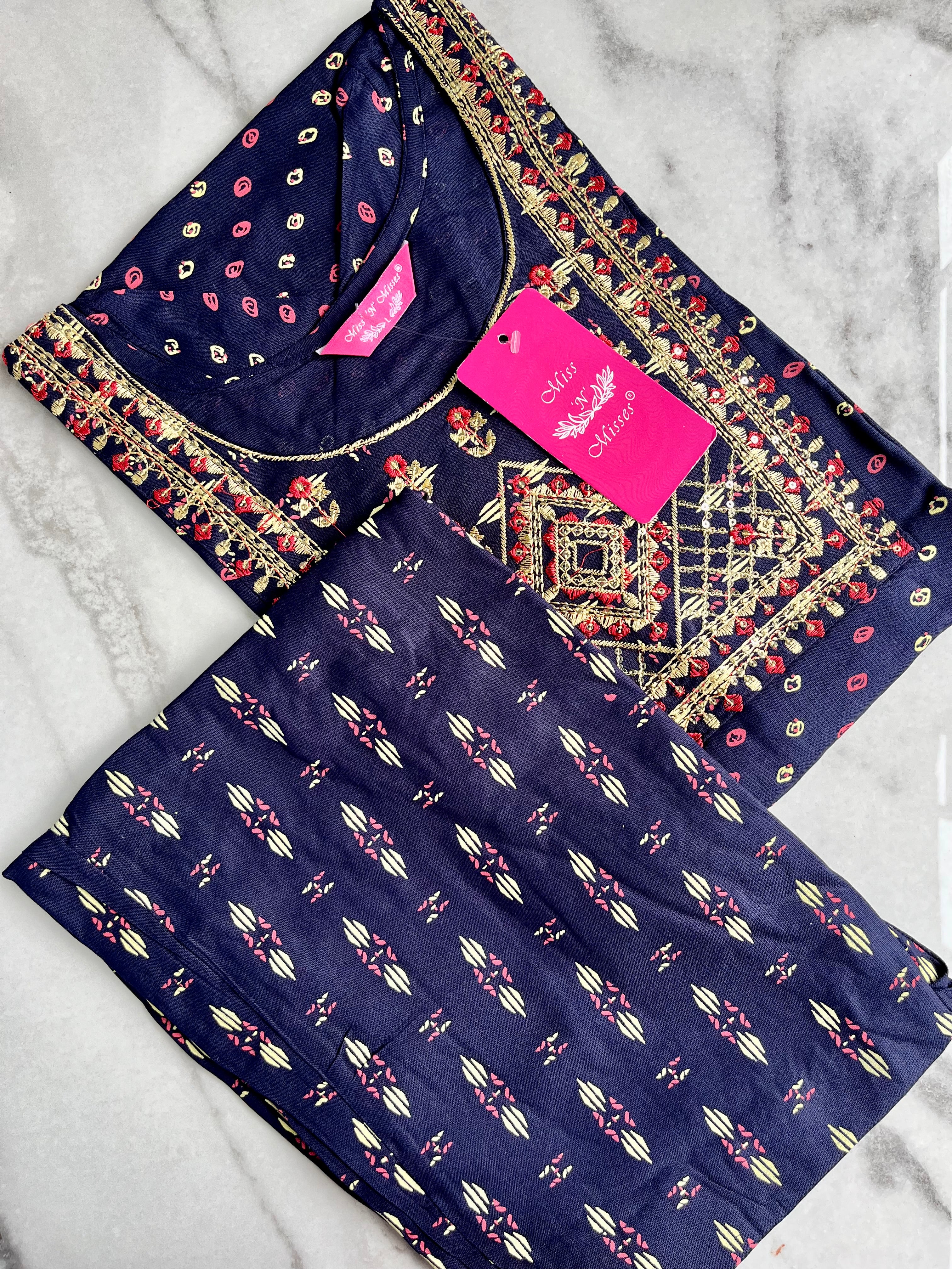 Navy Blue Embroidered Kurta With Pant