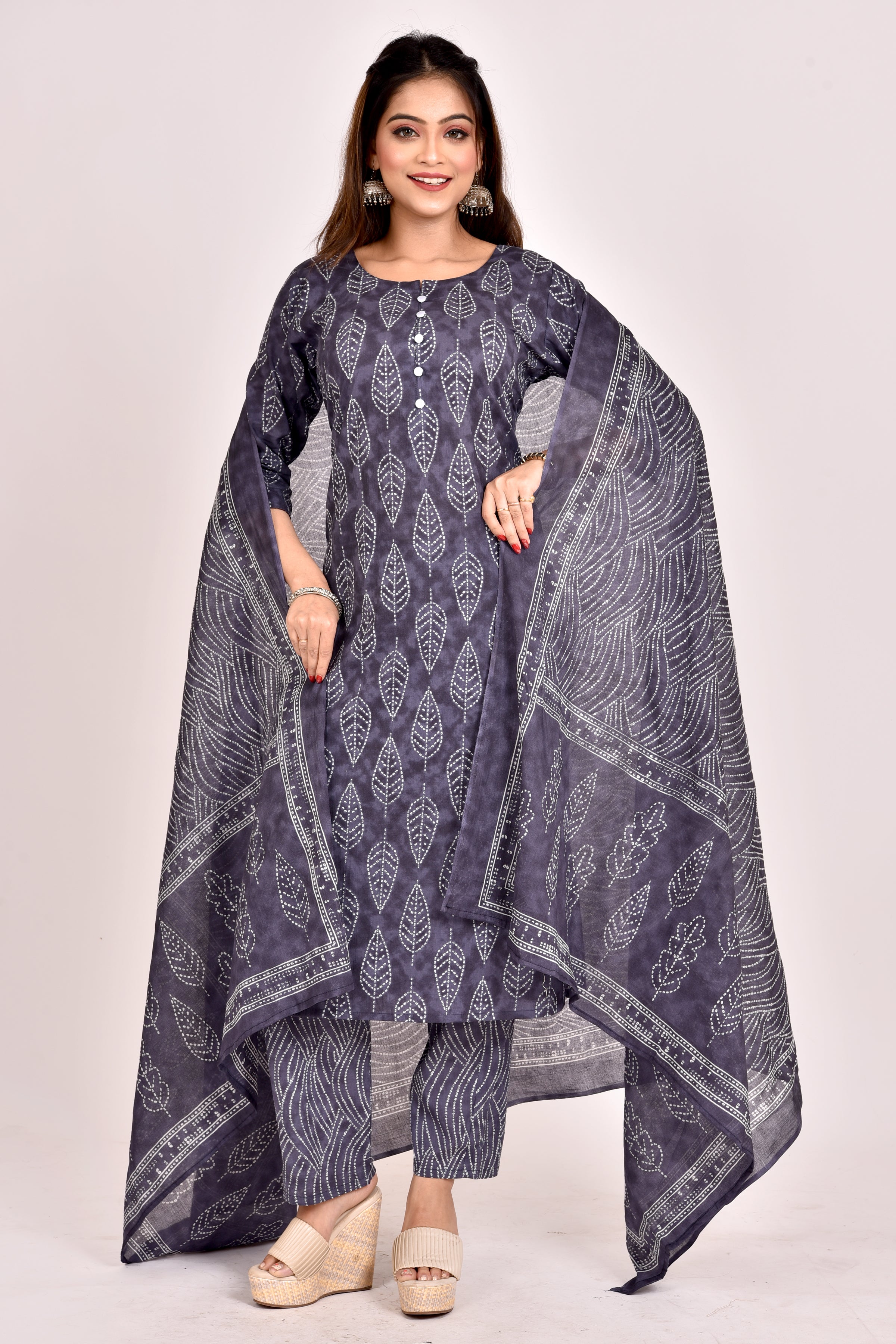 Charcoal Grey Leaf Print Kurta With Pant & Dupatta