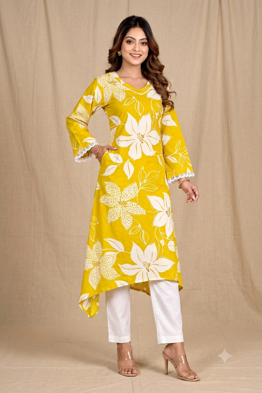 Yellow Floral Print A-Line Kurta