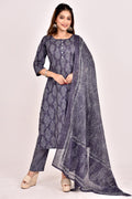 Charcoal Grey Leaf Print Kurta With Pant & Dupatta