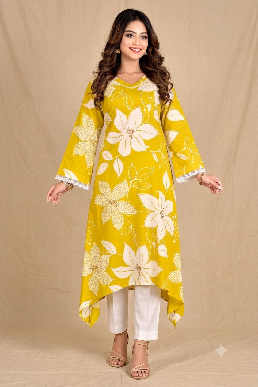 Yellow Floral Print A-Line Kurta