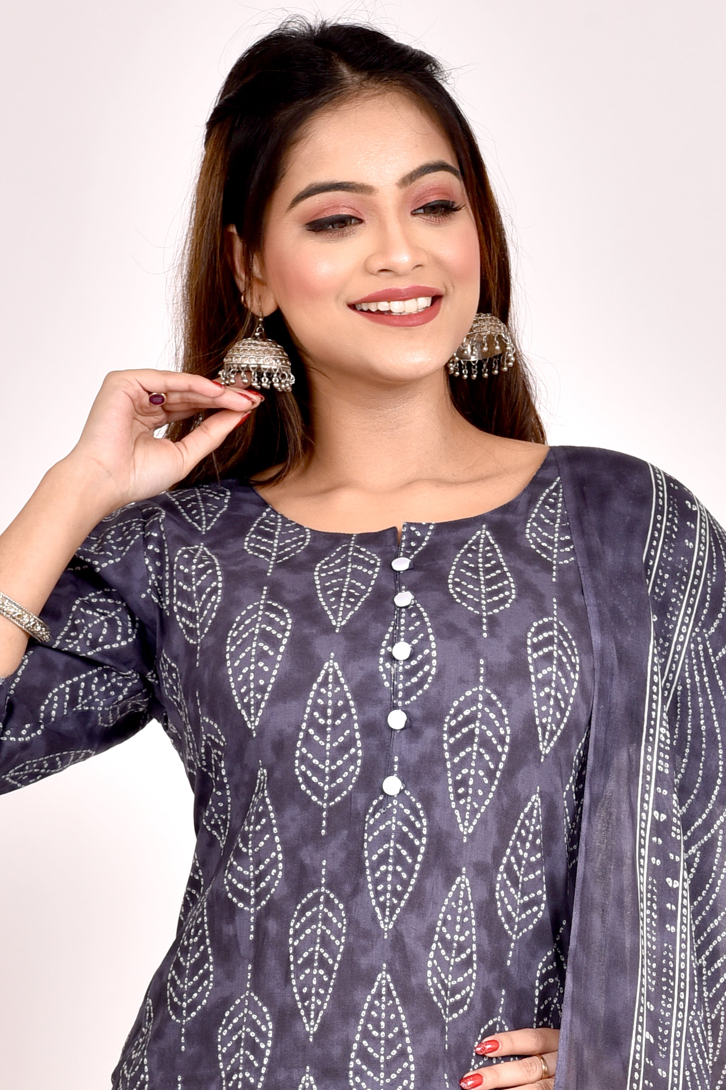 Charcoal Grey Leaf Print Kurta With Pant & Dupatta