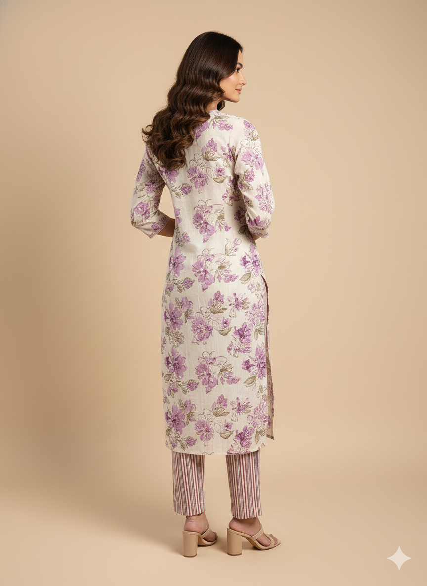 White & Purple Floral Print Embroidered Kurta With Pant