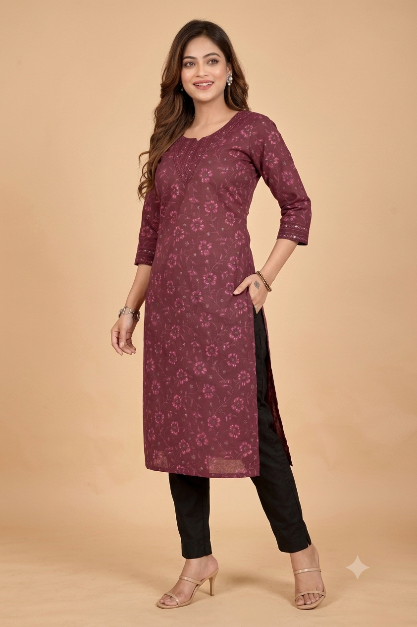 Burgundy Floral Print Kurta