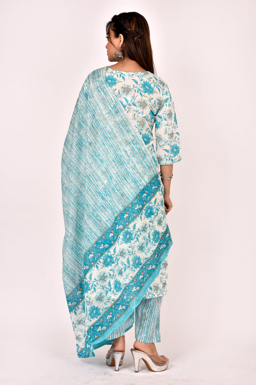 Aqua Blue Dahlia Print Angrakha Kurta With Pant & Dupatta