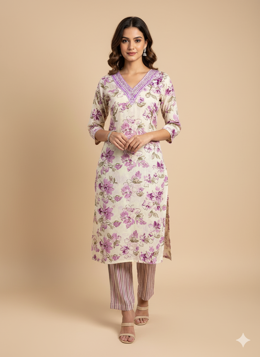 White & Purple Floral Print Embroidered Kurta With Pant