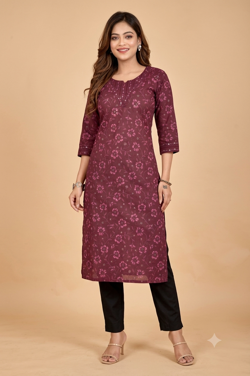 Burgundy Floral Print Kurta