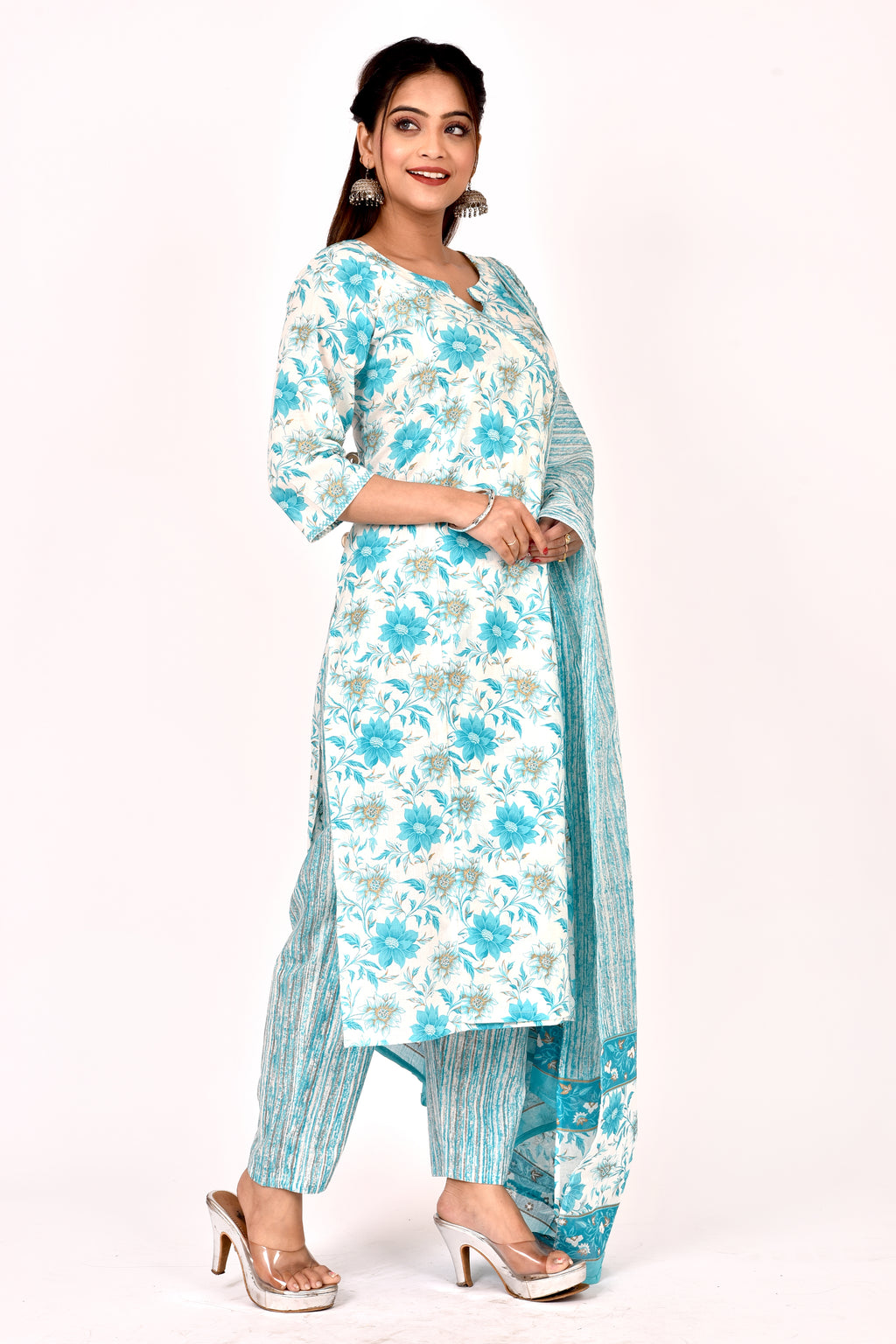 Aqua Blue Dahlia Print Angrakha Kurta With Pant & Dupatta