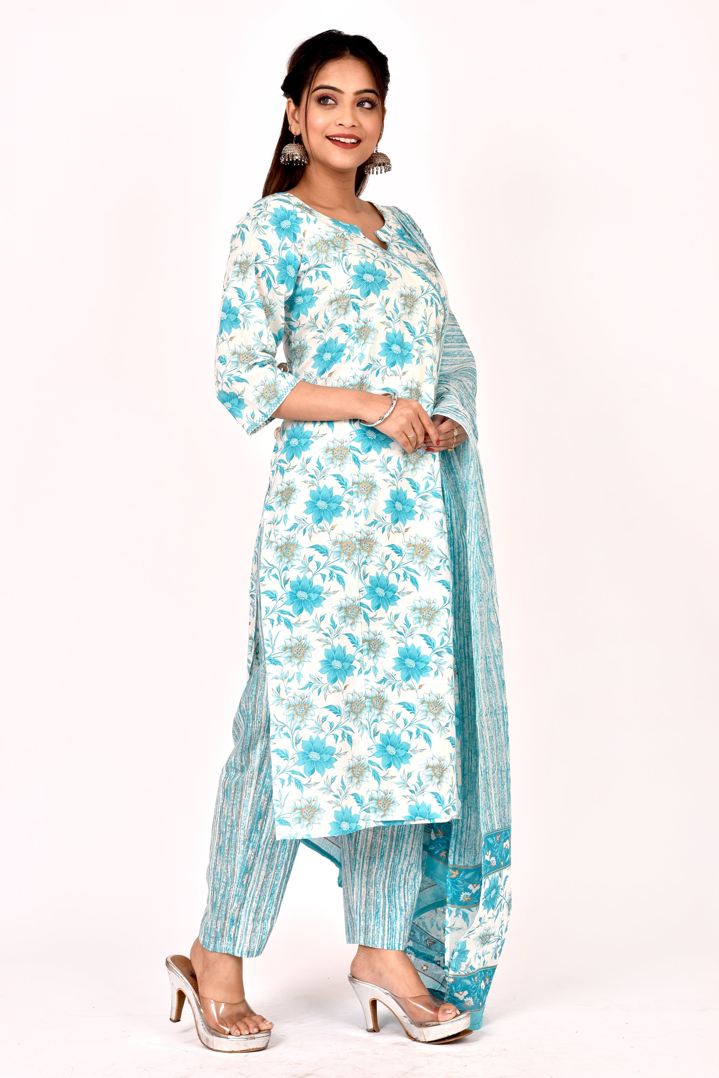 Aqua Blue Dahlia Print Angrakha Kurta With Pant & Dupatta