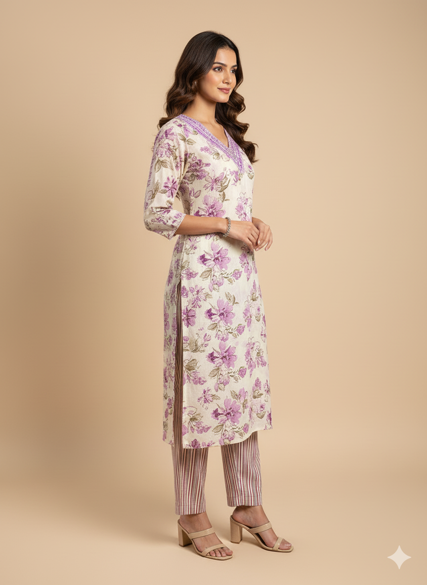 White & Purple Floral Print Embroidered Kurta With Pant