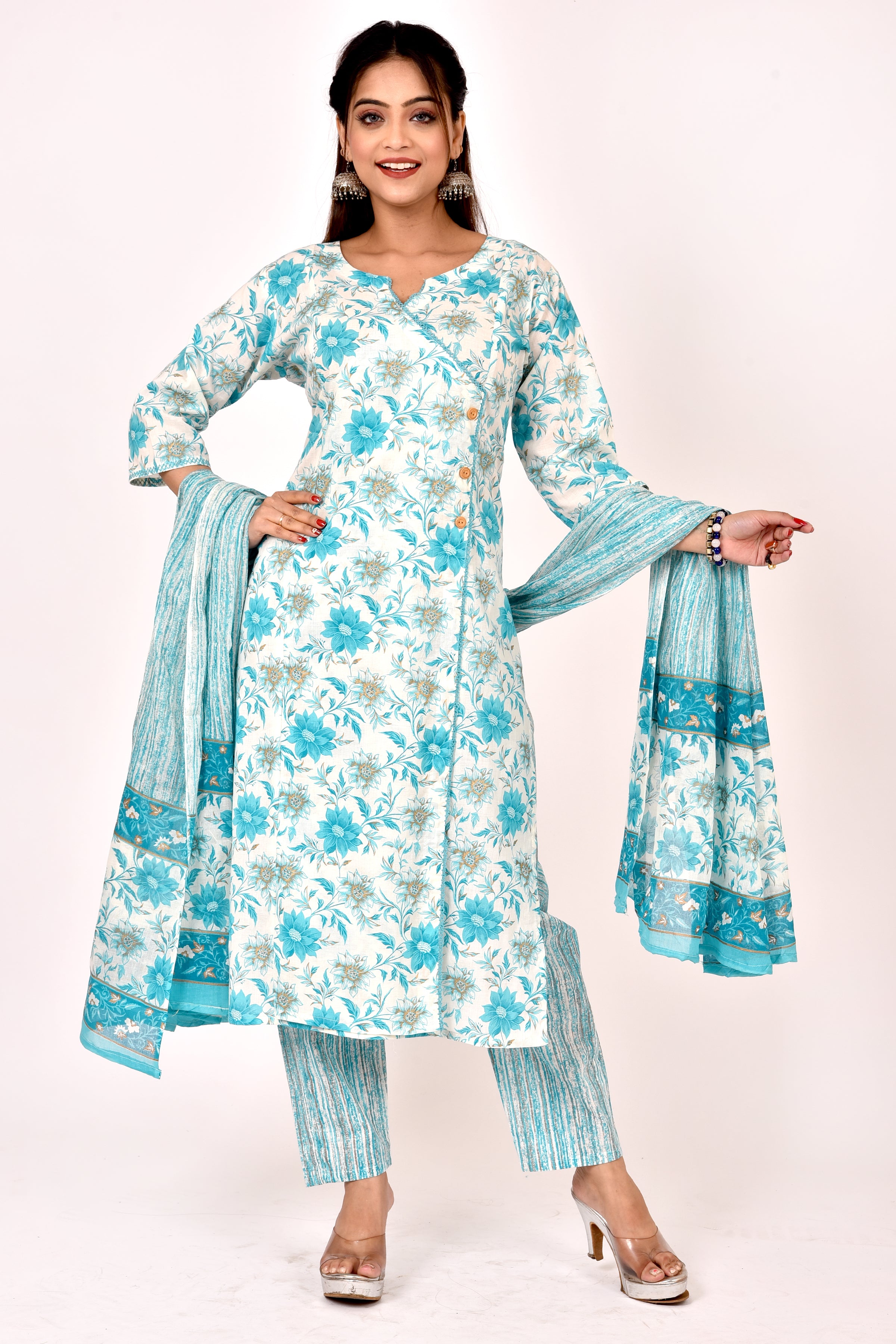Aqua Blue Dahlia Print Angrakha Kurta With Pant & Dupatta