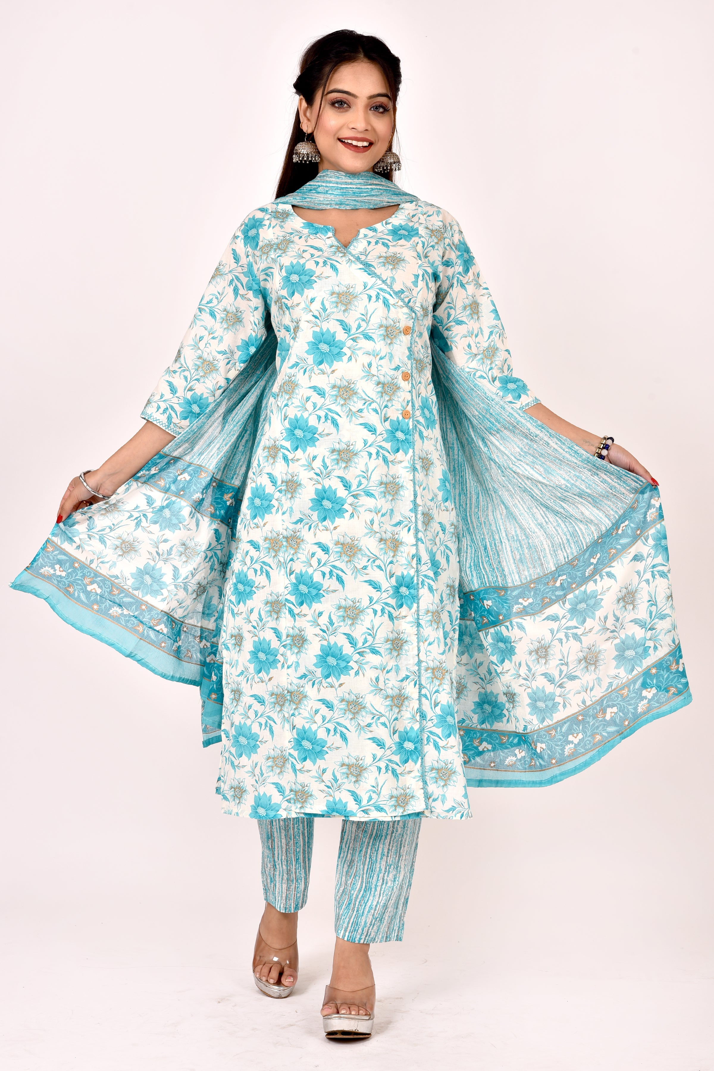 Aqua Blue Dahlia Print Angrakha Kurta With Pant & Dupatta