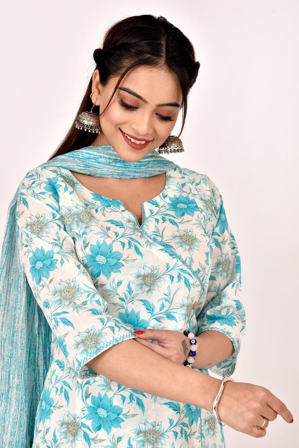 Aqua Blue Dahlia Print Angrakha Kurta With Pant & Dupatta
