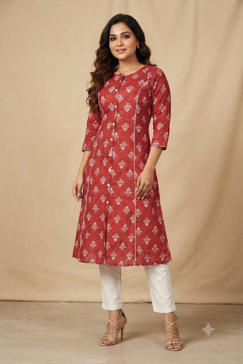Maroon Floral Print A-Line Kurta