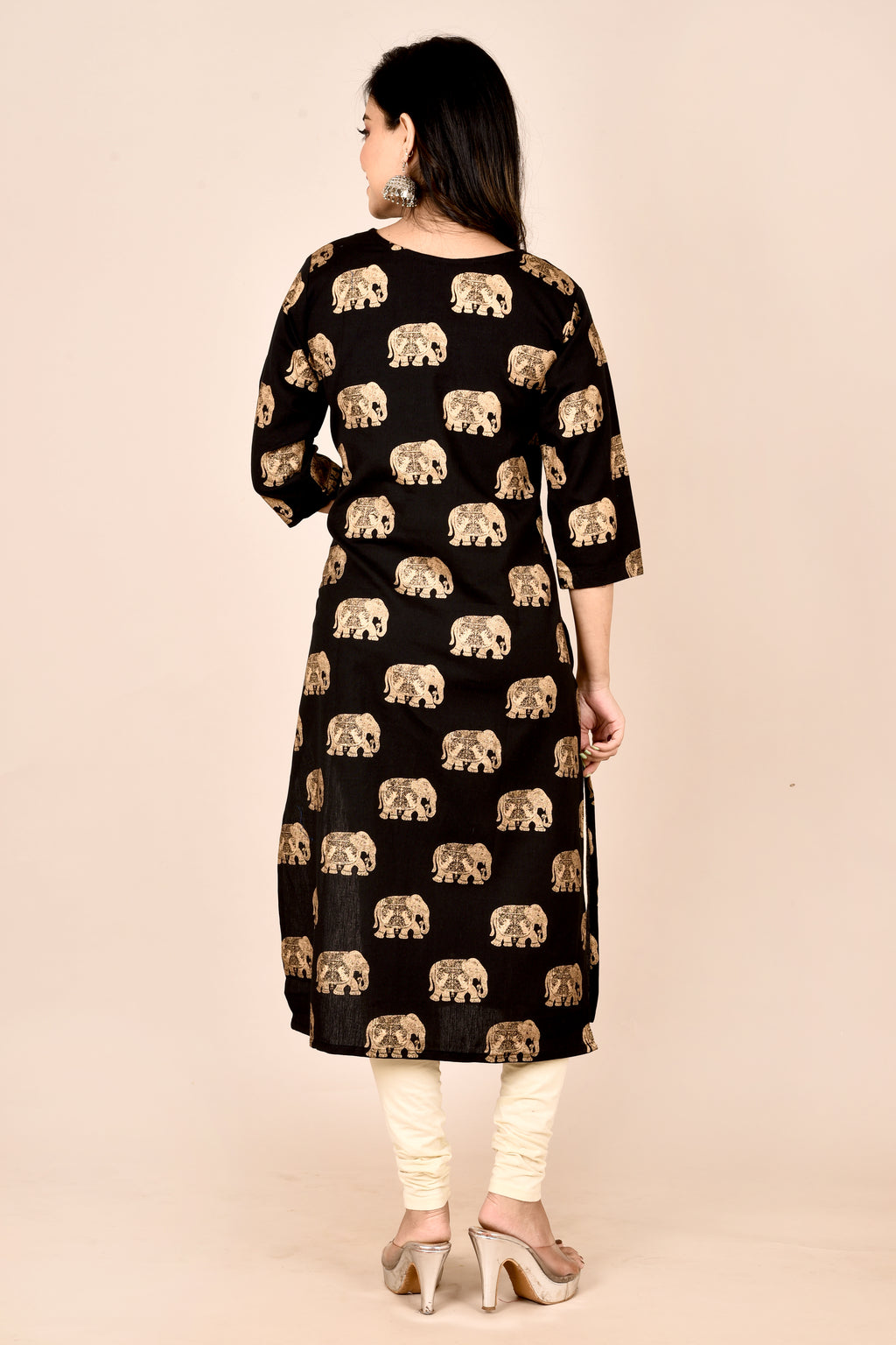 Black Elephant Print Straight Kurta
