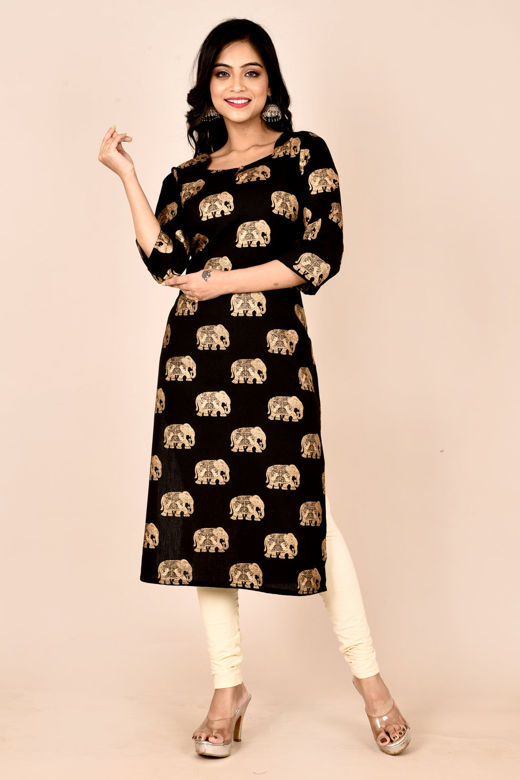 Black Elephant Print Straight Kurta