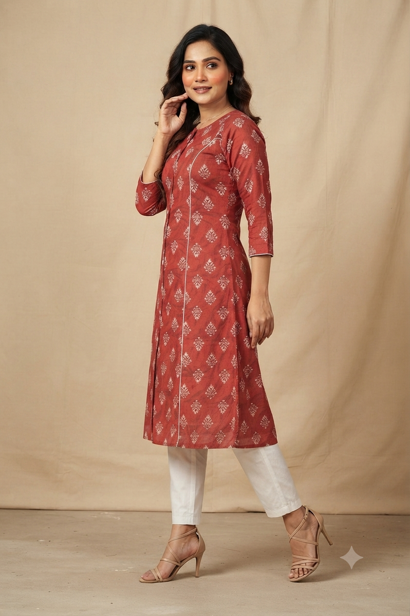 Maroon Floral Print A-Line Kurta
