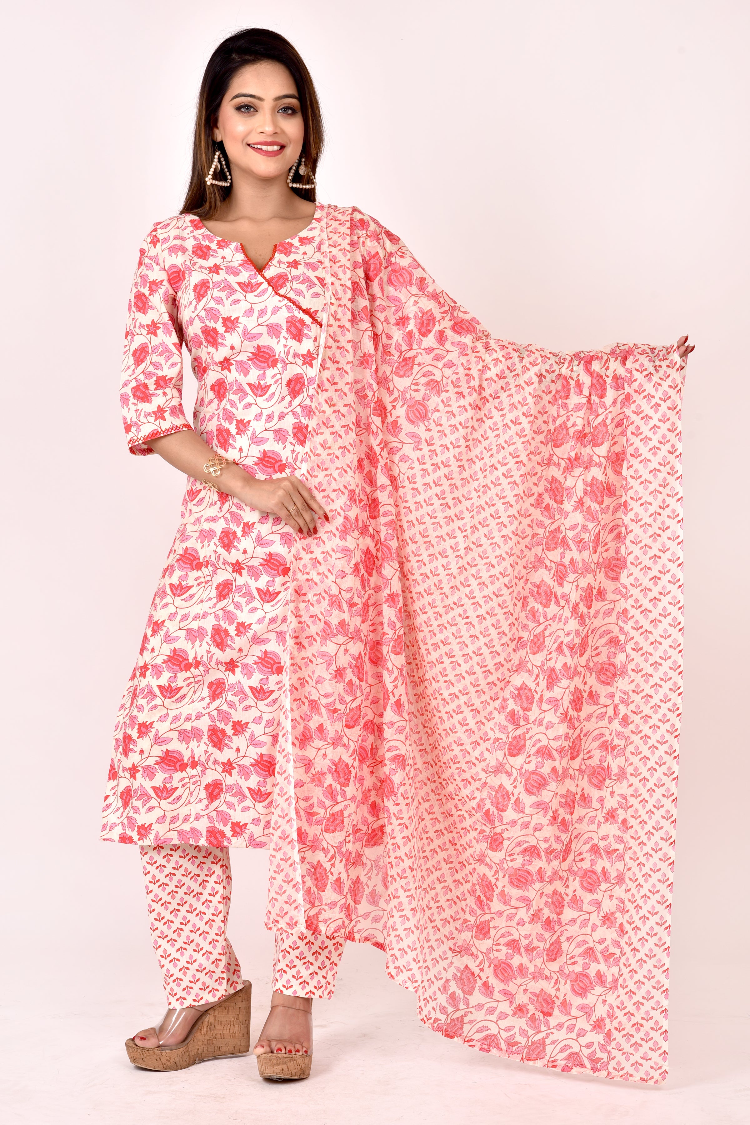 Off-White & Red Floral Print Angrakha Kurta With Pant & Dupatta
