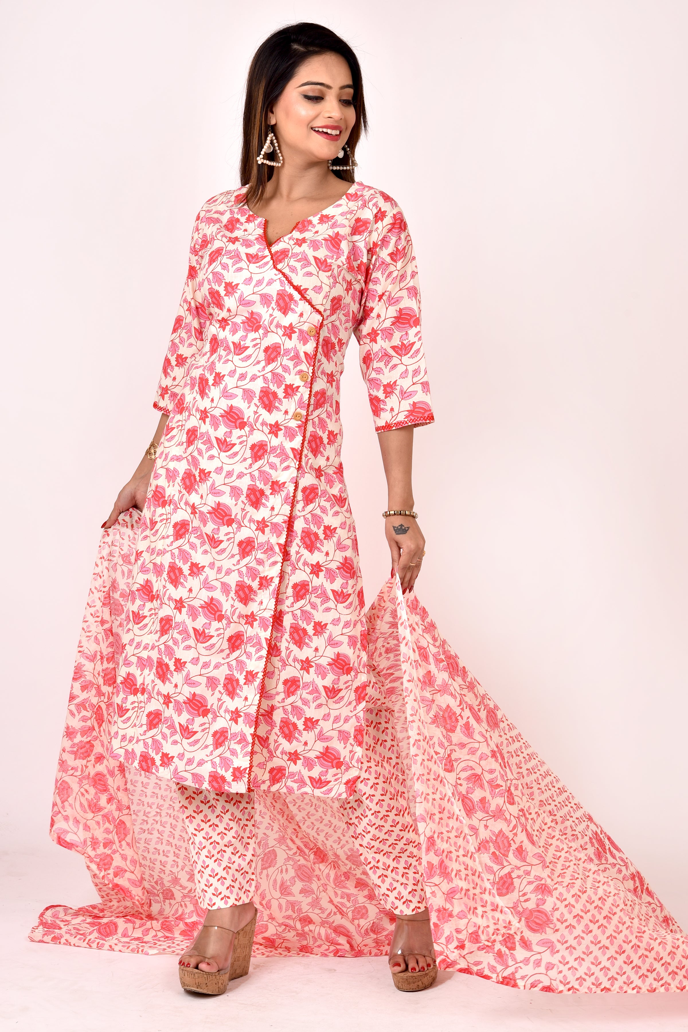 Off-White & Red Floral Print Angrakha Kurta With Pant & Dupatta