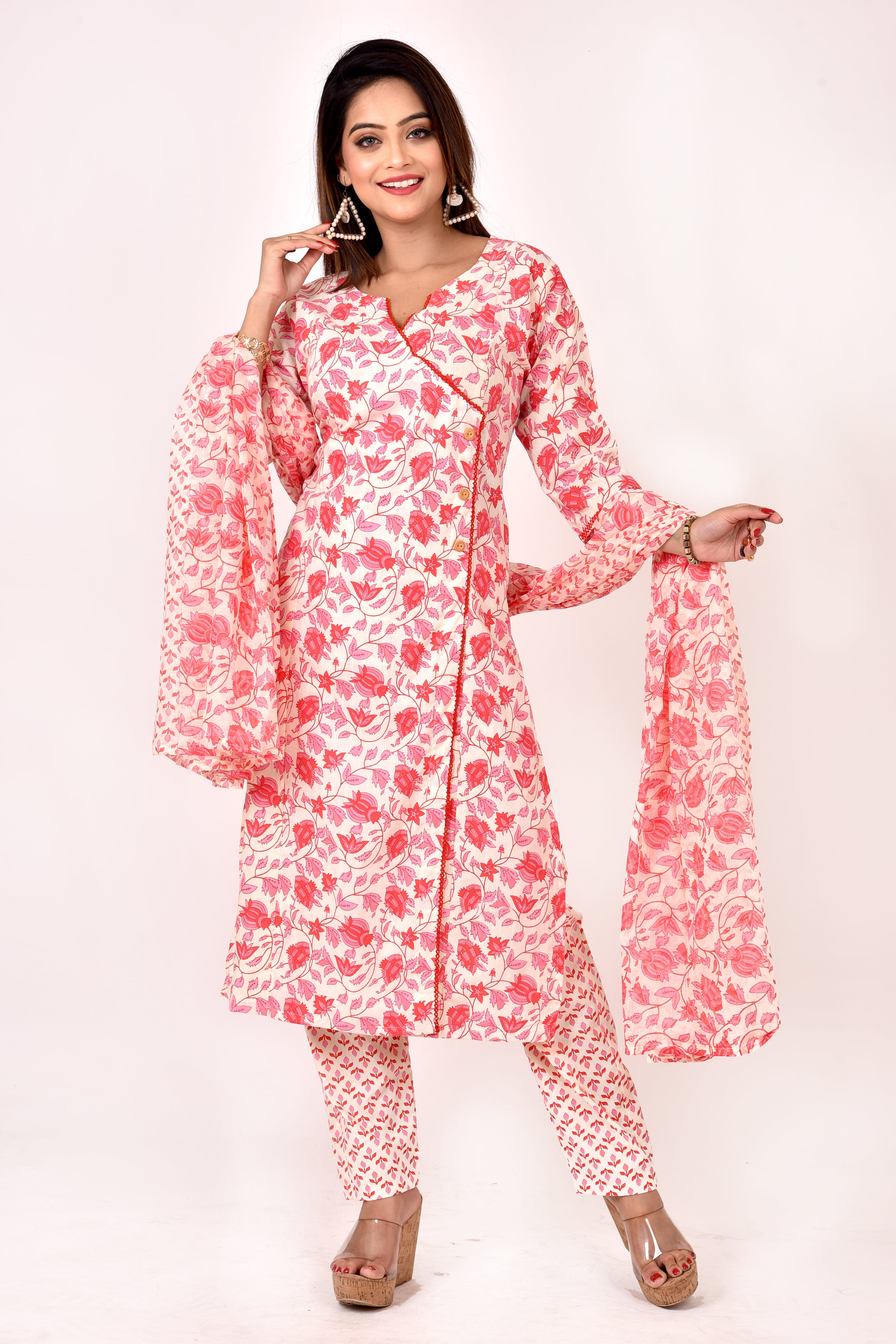 Off-White & Red Floral Print Angrakha Kurta With Pant & Dupatta