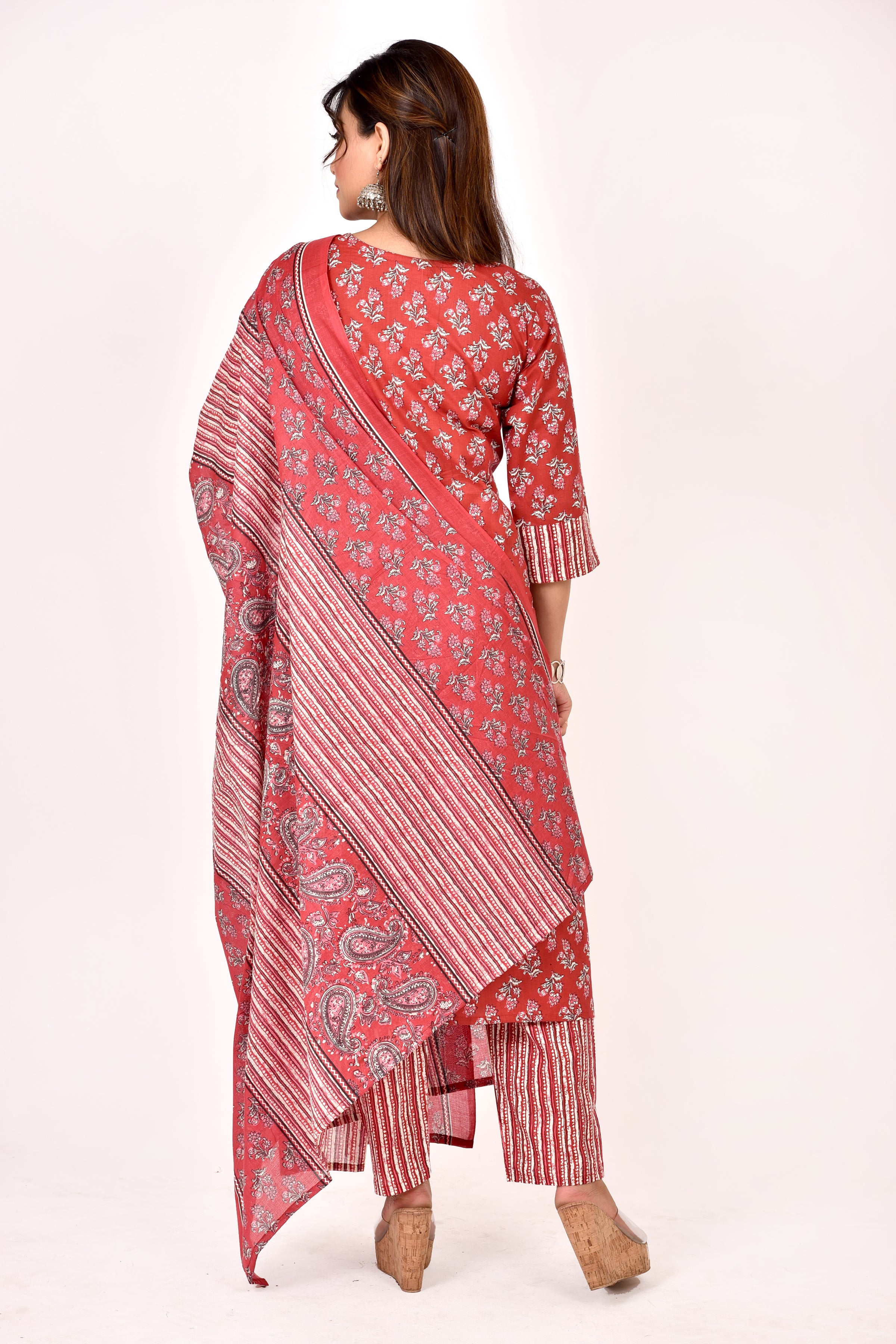 Brick Red Floral Print Kurta With Pant & Dupatta