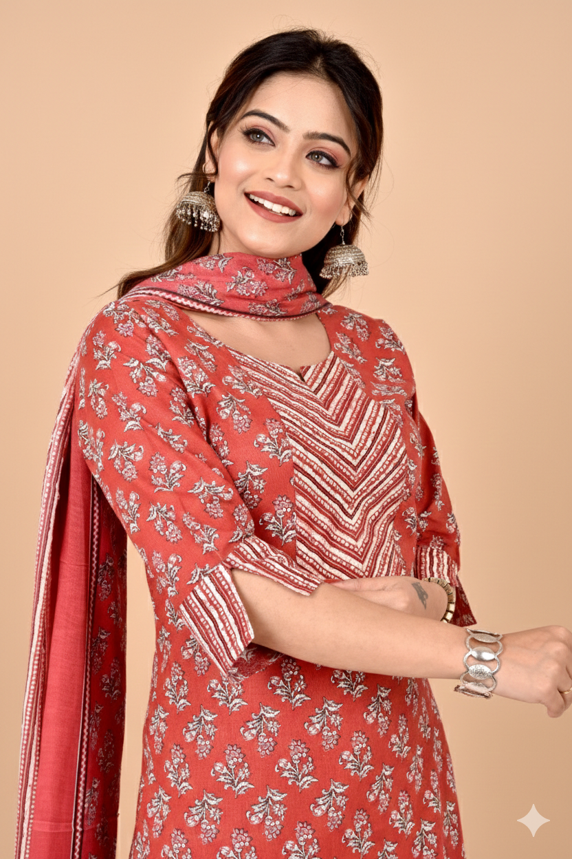 Brick Red Floral Print Kurta With Pant & Dupatta