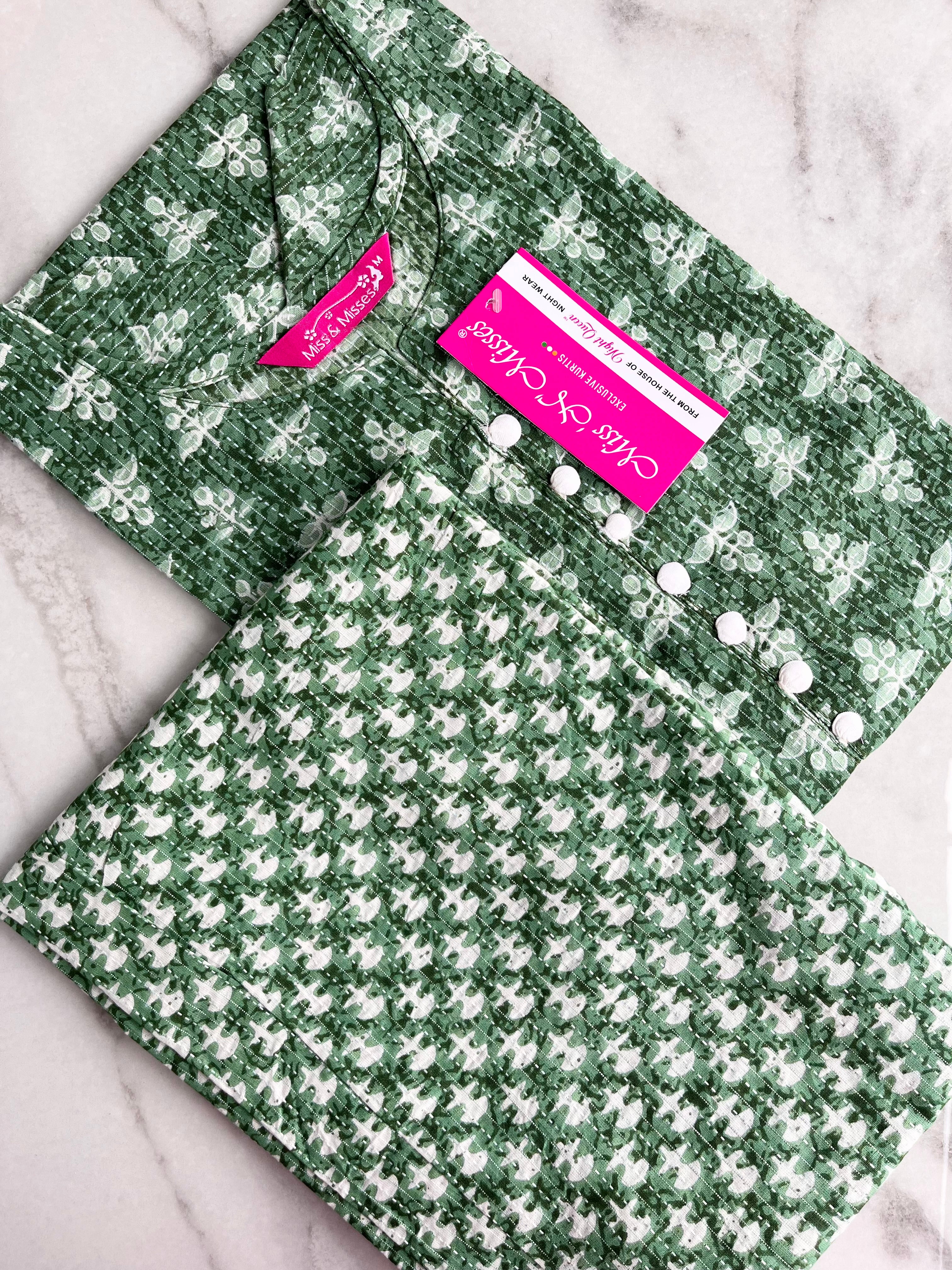 Green Leaf Print Threadwork Kurta With Pant