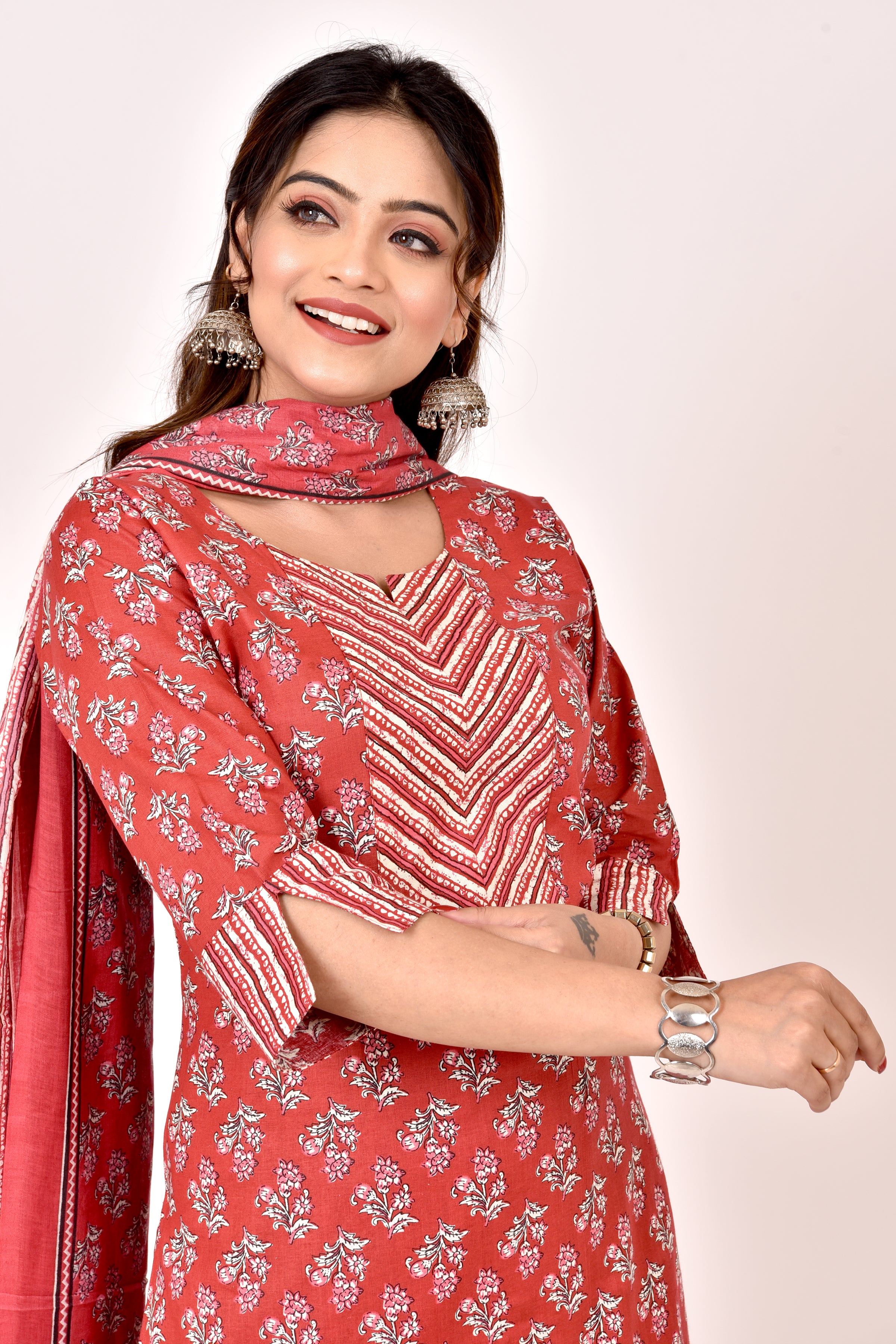Brick Red Floral Print Kurta With Pant & Dupatta