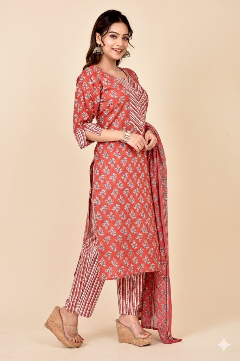 Brick Red Floral Print Kurta With Pant & Dupatta