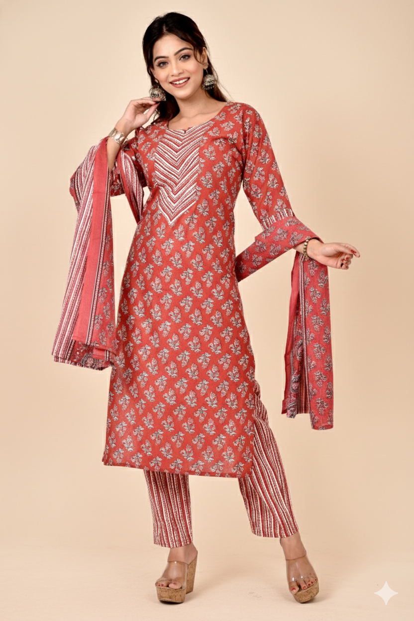Brick Red Floral Print Kurta With Pant & Dupatta