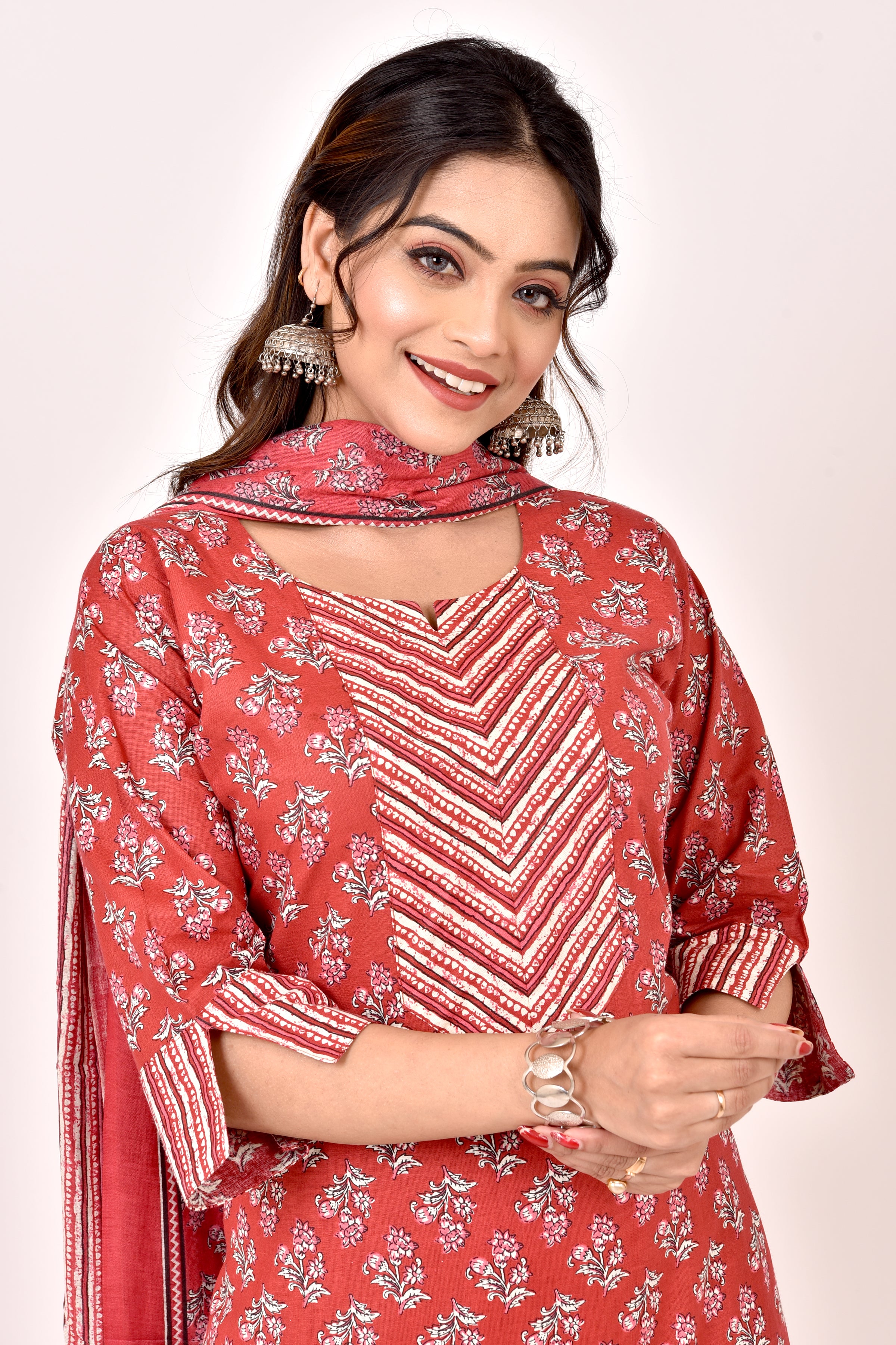 Brick Red Floral Print Kurta With Pant & Dupatta