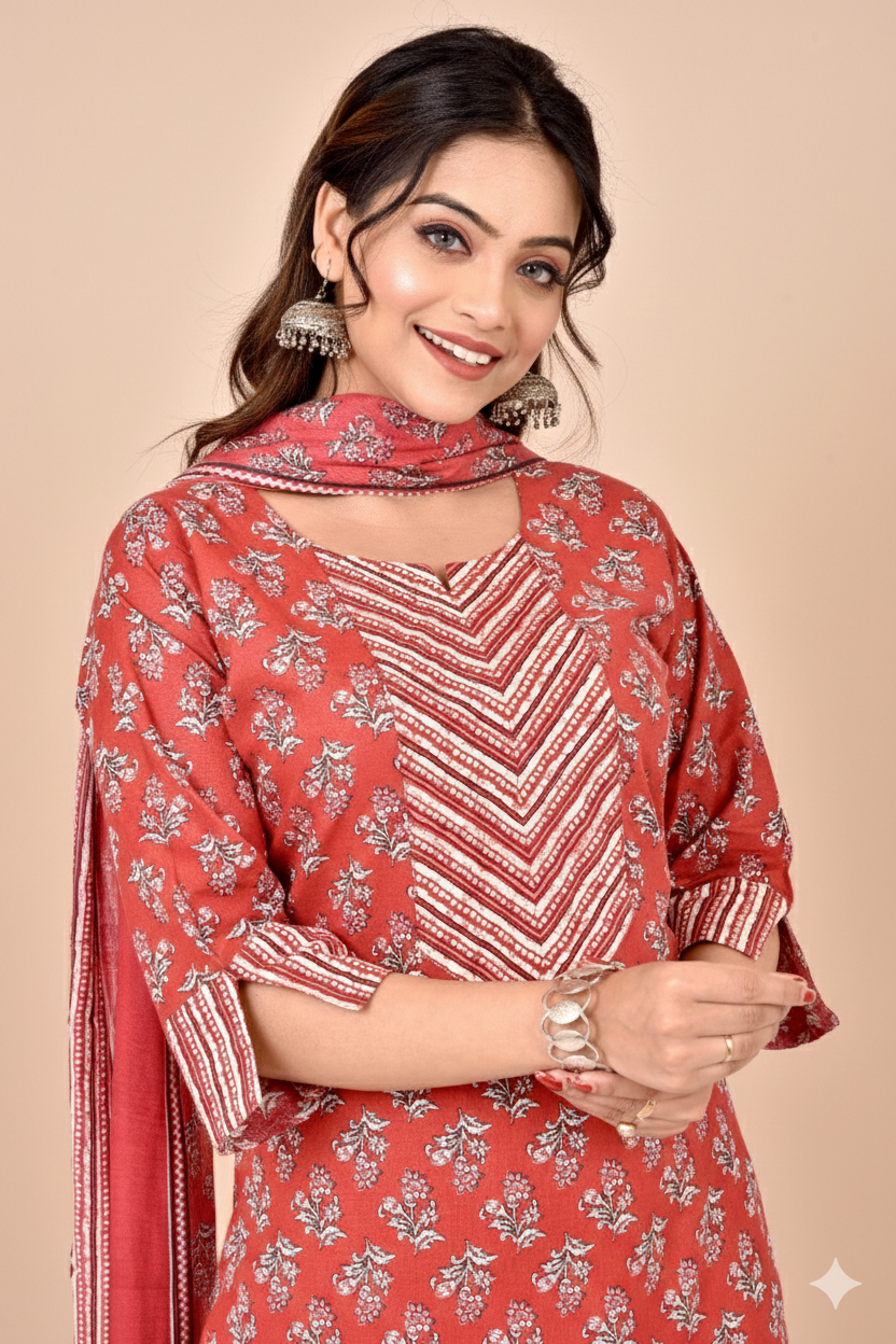 Brick Red Floral Print Kurta With Pant & Dupatta