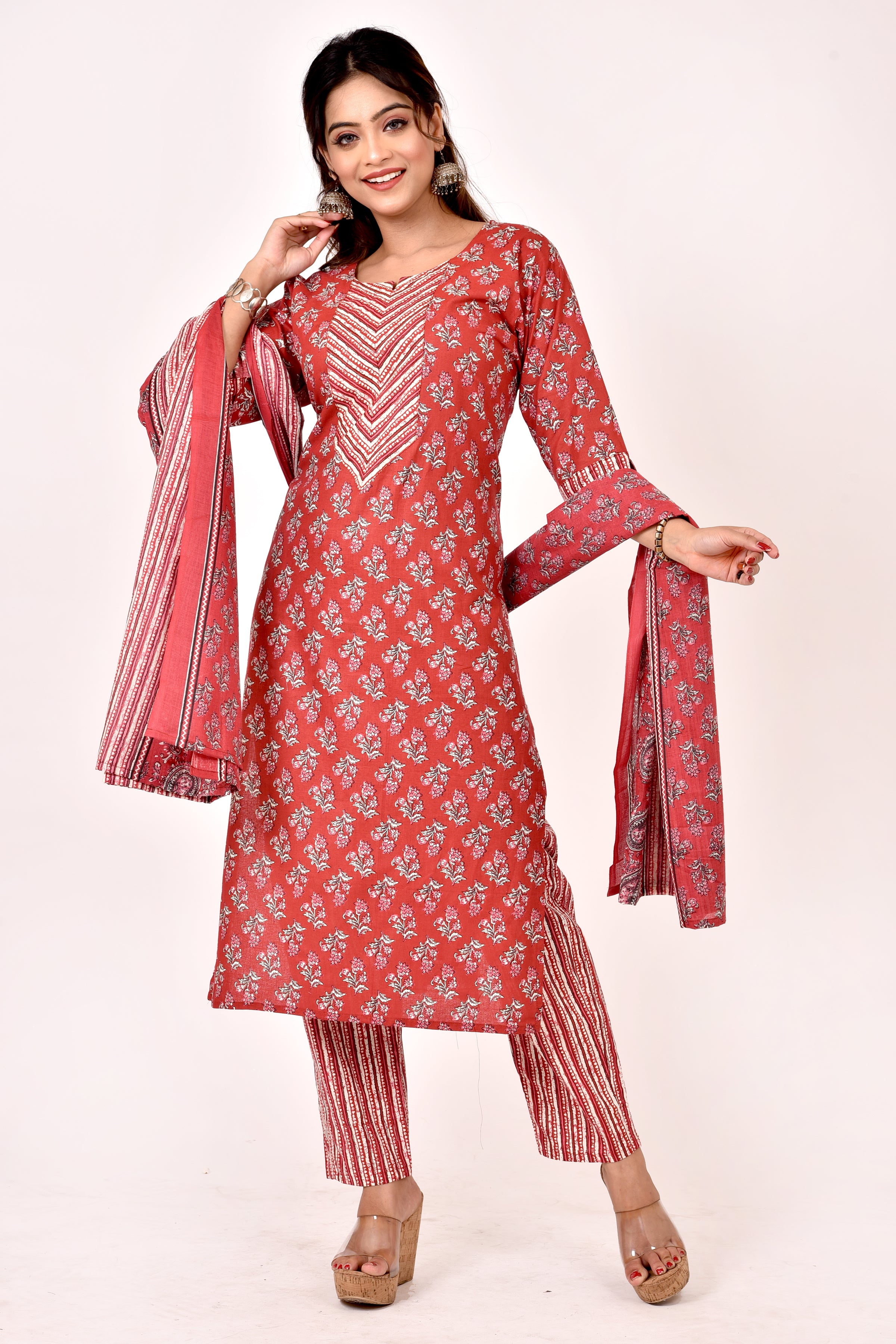 Brick Red Floral Print Kurta With Pant & Dupatta