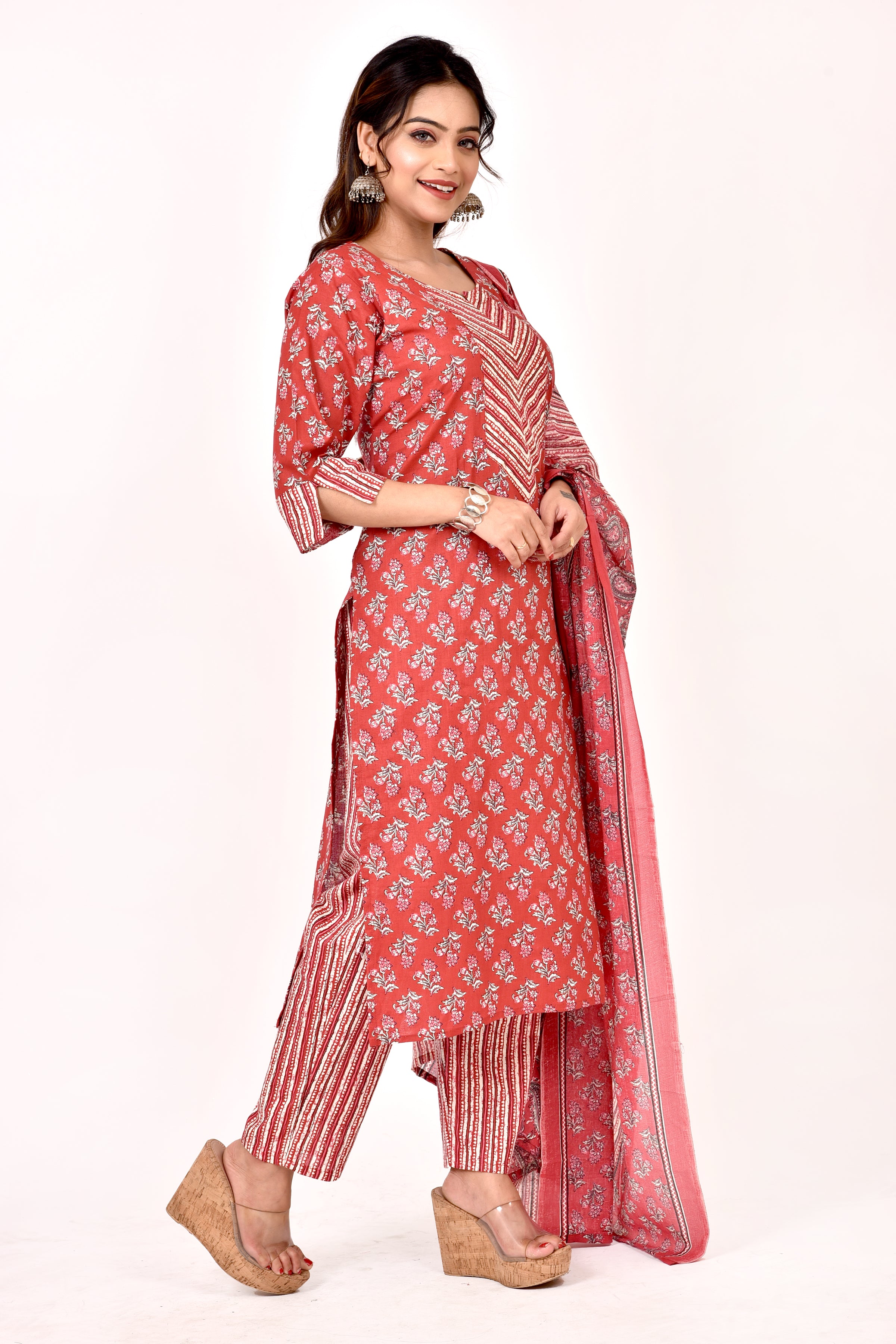 Brick Red Floral Print Kurta With Pant & Dupatta