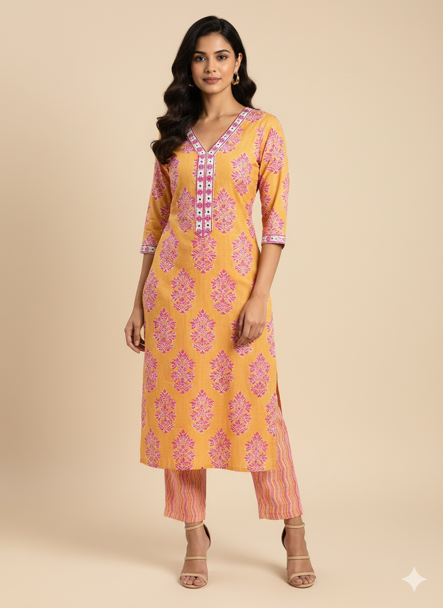 Yellow & Pink Floral Print Embroidered Kurta With Pant