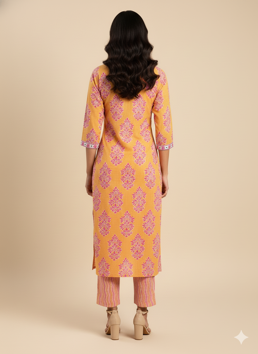 Yellow & Pink Floral Print Embroidered Kurta With Pant