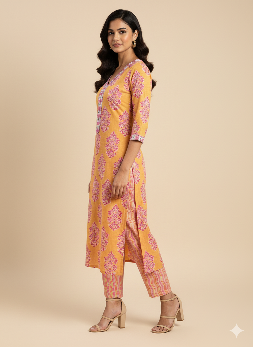 Yellow & Pink Floral Print Embroidered Kurta With Pant
