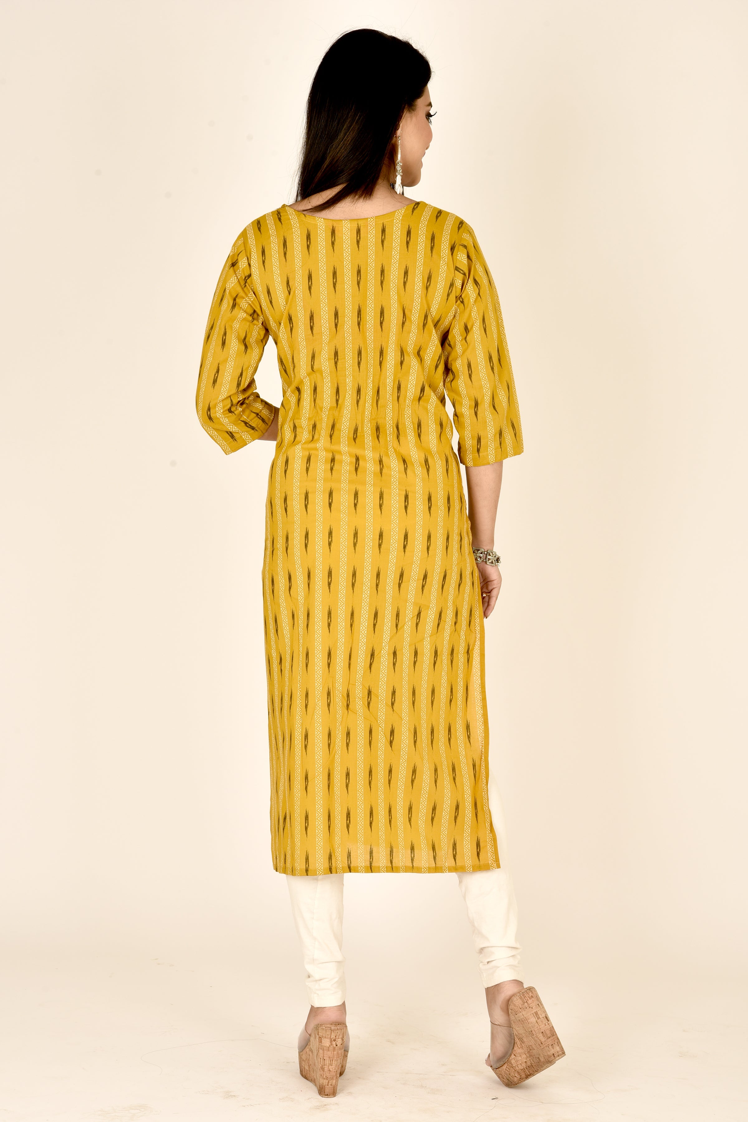 Mustard Yellow Ikkat Print Straight Kurta