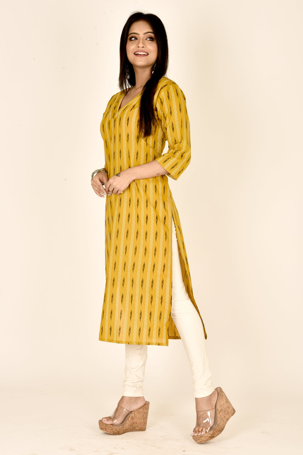 Mustard Yellow Ikkat Print Straight Kurta