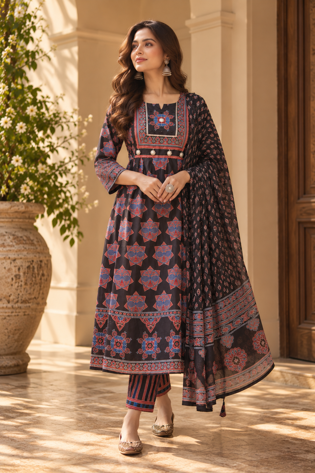 Black & Maroon Embroidered Anarkali Kurta With Pant & Dupatta