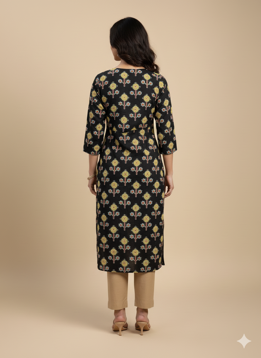 Black Floral Print Straight Kurta