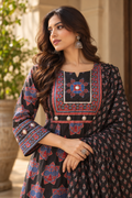 Black & Maroon Embroidered Anarkali Kurta With Pant & Dupatta