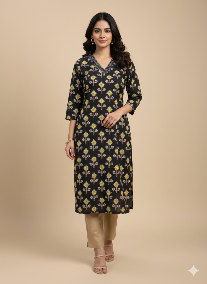 Black Floral Print Straight Kurta
