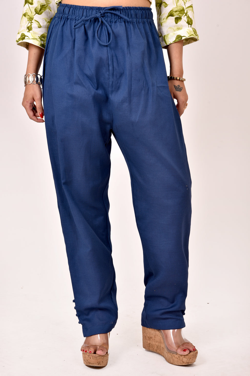 Navy Blue Linen Cotton Straight Pants