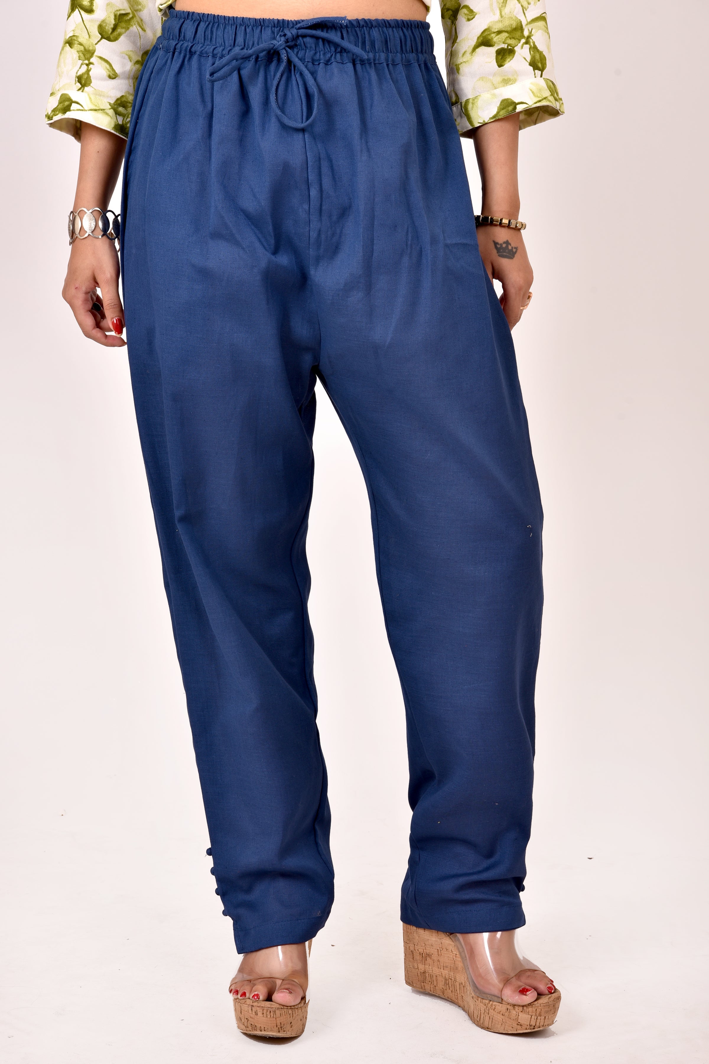 Navy Blue Linen Cotton Straight Pants